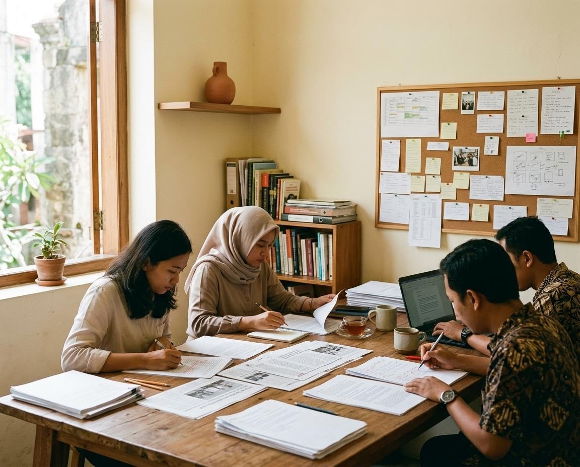 Sudut ruang redaksi dengan rak buku kecil, papan catatan, dan meja panjang tempat tim menyunting artikel
