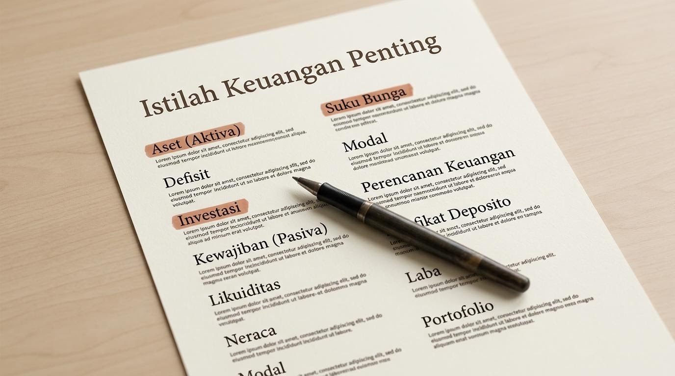 Halaman glosarium sederhana berisi daftar istilah keuangan yang diberi penanda warna hangat